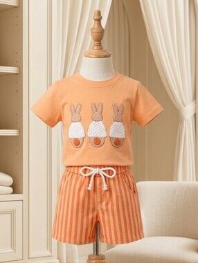 NWT Marie Nicole Orange Embroidered Bunny Shorts Set Sz 6-12M